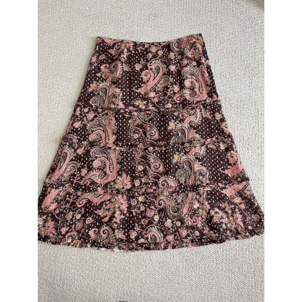 Tapemeasure Tiered Linen Ruffle Midi Skirt‎ Size 16 Brown Paisley Boho - Picture 2 of 11